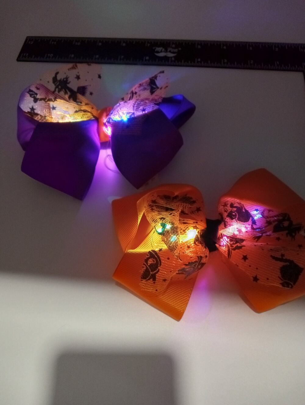 2 Fun Halloween Light Up Bows - Orange and Black with Spider detail on lace